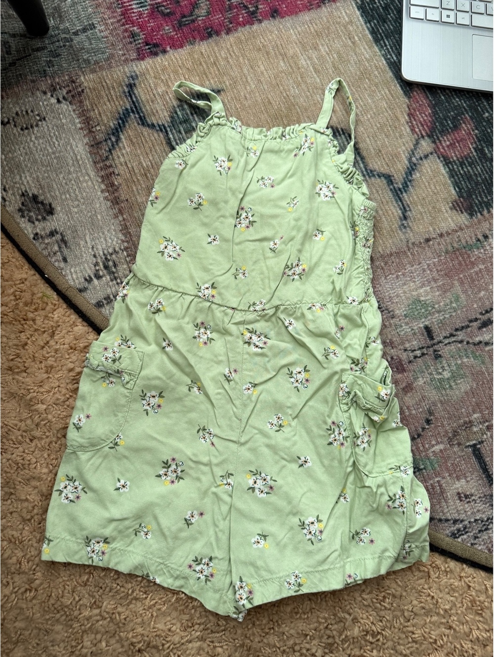 Cat and jack green jumper dress floral white flowers 5T